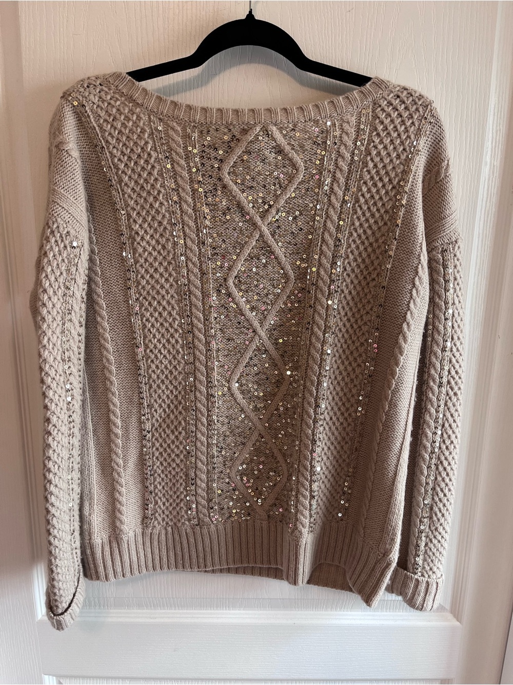 Haute Hippie Wool Alpaca Blend Sequin Cable Knit Sweater Beige L - Picture 6 of 6